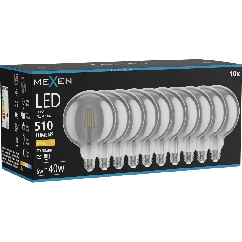 Mexen Vintis 10x žiarovka filament LED E27, G125, 6W, Teplá - 2700K, 510 lm, smoke - L158-E27-0627-70x10