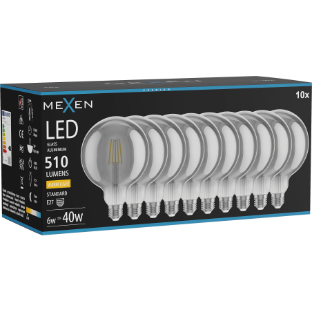 Mexen Vintis 10x žiarovka filament LED E27, G125, 6W, Teplá - 2700K, 510 lm, smoke - L158-E27-0627-70x10