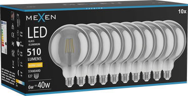 Mexen Vintis 10x žiarovka filament LED E27, G125, 6W, Teplá - 2700K, 510 lm, smoke - L158-E27-0627-70x10