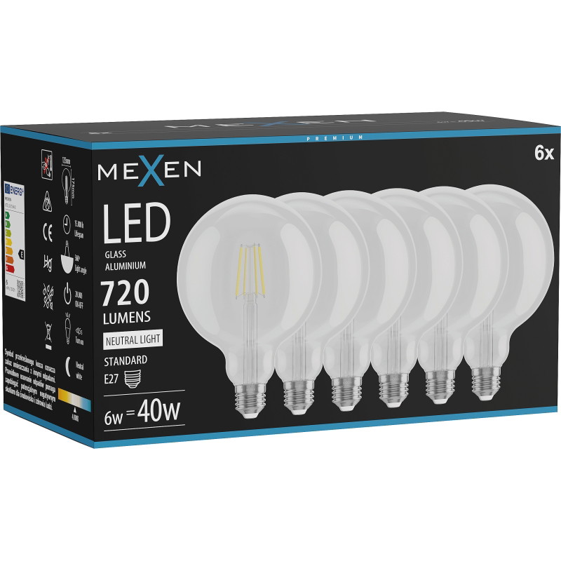 Mexen Vintis 6x LED filamentová žiarovka E27, G125, 6W, Neutrálna - 4000K, 720 lm, číra - L158-E27-0640-00x06
