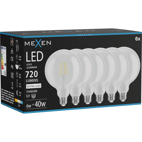 Mexen Vintis 6x LED filamentová žiarovka E27, G125, 6W, Neutrálna - 4000K, 720 lm, číra - L158-E27-0640-00x06