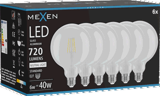 Mexen Vintis 6x LED filamentová žiarovka E27, G125, 6W, Neutrálna - 4000K, 720 lm, číra - L158-E27-0640-00x06