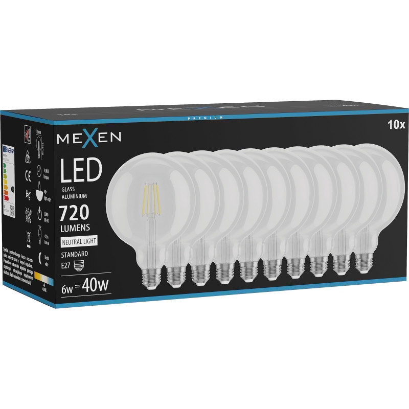 Mexen Vintis 10x žiarovka filament LED E27, G125, 6W, Neutrálna - 4000K, 720 lm, číra - L158-E27-0640-00x10