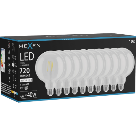 Mexen Vintis 10x žiarovka filament LED E27, G125, 6W, Neutrálna - 4000K, 720 lm, číra - L158-E27-0640-00x10