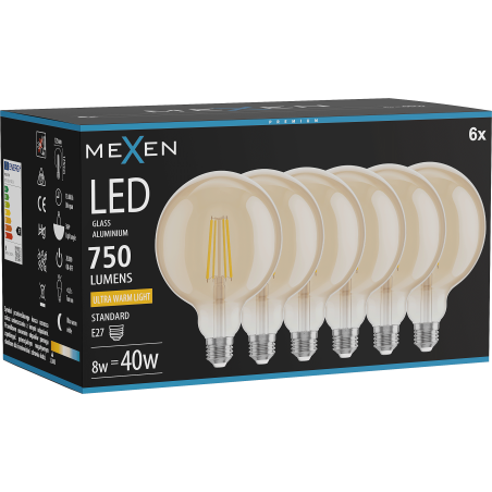 Mexen Vintis 6x LED filamentová žiarovka E27, G125, 8W, Teplá - 2200K, 750 lm, jantárová - L158-E27-0822-50x06
