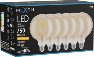 Mexen Vintis 6x LED filamentová žiarovka E27, G125, 8W, Teplá - 2200K, 750 lm, jantárová - L158-E27-0822-50x06