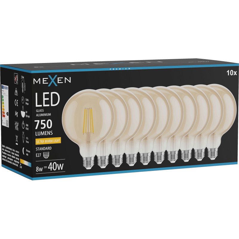 Mexen Vintis 10x žiarovka filament LED E27, G125, 8W, Teplá - 2200K, 750 lm, amber - L158-E27-0822-50x10