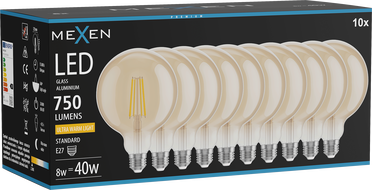 Mexen Vintis 10x žiarovka filament LED E27, G125, 8W, Teplá - 2200K, 750 lm, amber - L158-E27-0822-50x10