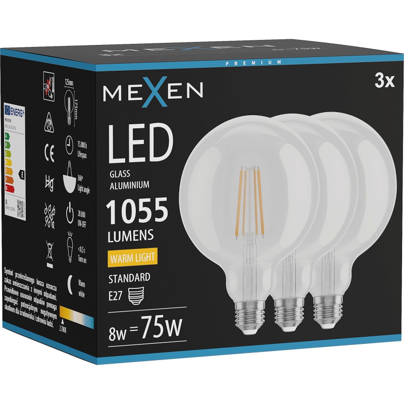 Mexen Vintis 3x žiarovka filament LED E27, G125, 8W, Teplá - 2700K, 1055 lm, číra - L158-E27-0827-00x03