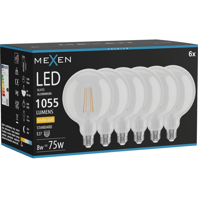 Mexen Vintis 6x LED žiarovka filament E27, G125, 8W, Teplá - 2700K, 1055 lm, číra - L158-E27-0827-00x06