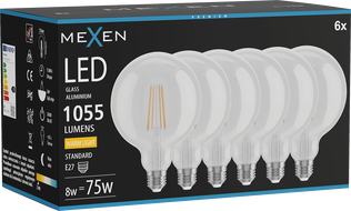 Mexen Vintis 6x LED žiarovka filament E27, G125, 8W, Teplá - 2700K, 1055 lm, číra - L158-E27-0827-00x06