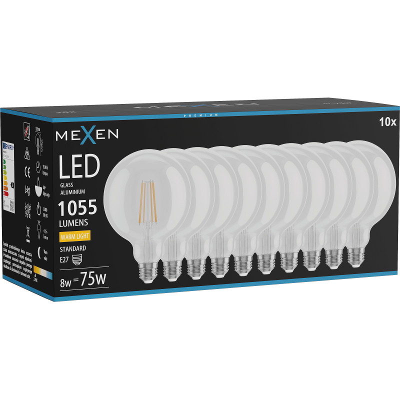 Mexen Vintis 10x žiarovka filament LED E27, G125, 8W, Teplá - 2700K, 1055 lm, číra - L158-E27-0827-00x10