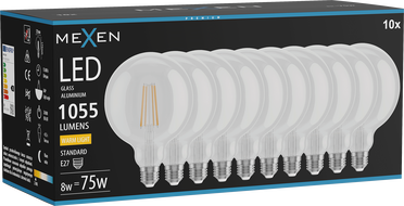 Mexen Vintis 10x žiarovka filament LED E27, G125, 8W, Teplá - 2700K, 1055 lm, číra - L158-E27-0827-00x10