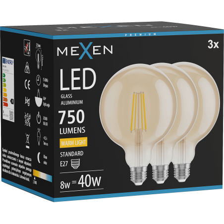 Mexen Vintis 3x LED filamentová žiarovka E27, G125, 8W, Teplá - 2700K, 750 lm, jantárová - L158-E27-0827-50x03