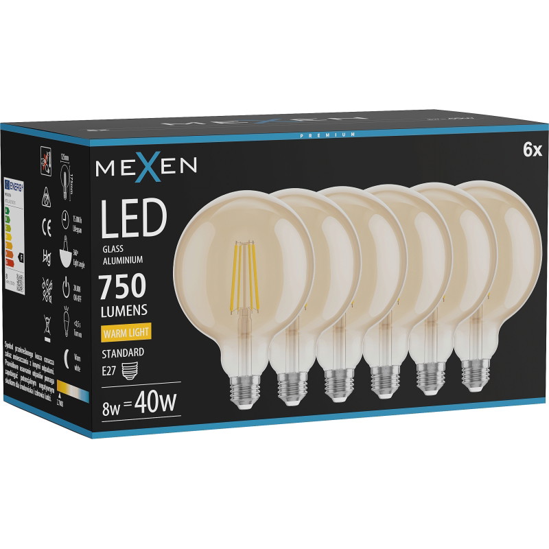 Mexen Vintis 6x LED žiarovka filament E27, G125, 8W, Teplá - 2700K, 750 lm, amber - L158-E27-0827-50x06