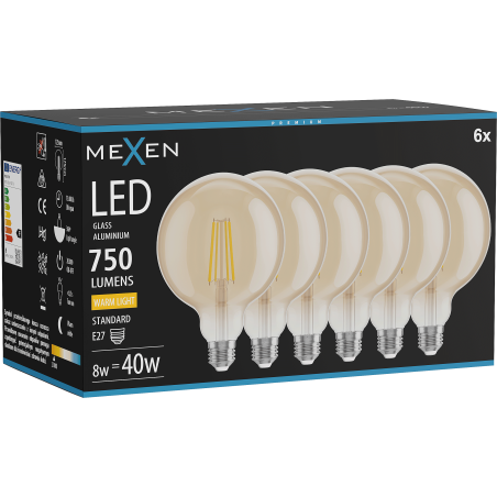 Mexen Vintis 6x LED žiarovka filament E27, G125, 8W, Teplá - 2700K, 750 lm, amber - L158-E27-0827-50x06
