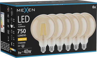 Mexen Vintis 6x LED žiarovka filament E27, G125, 8W, Teplá - 2700K, 750 lm, amber - L158-E27-0827-50x06