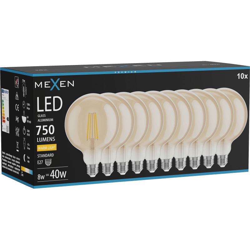Mexen Vintis 10x žiarovka filament LED E27, G125, 8W, Teplá - 2700K, 750 lm, jantárová - L158-E27-0827-50x10