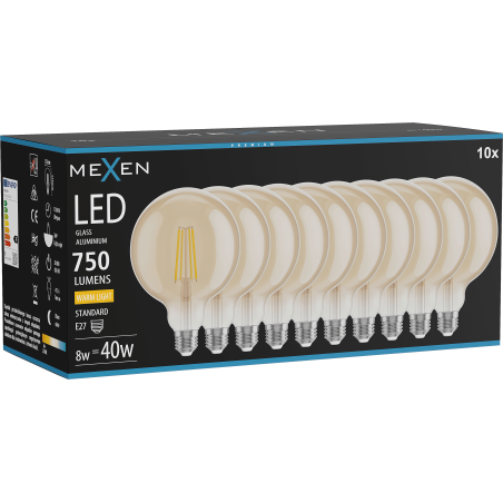 Mexen Vintis 10x žiarovka filament LED E27, G125, 8W, Teplá - 2700K, 750 lm, jantárová - L158-E27-0827-50x10