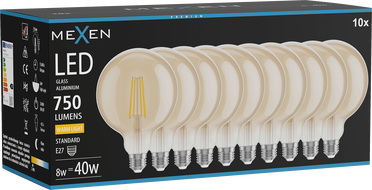 Mexen Vintis 10x žiarovka filament LED E27, G125, 8W, Teplá - 2700K, 750 lm, jantárová - L158-E27-0827-50x10