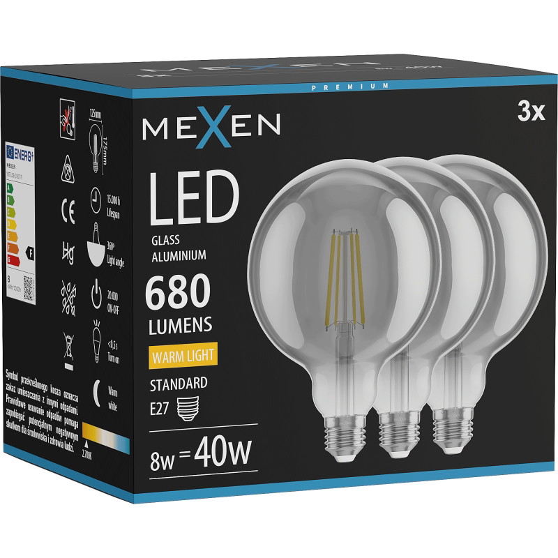 Mexen Vintis 3x Žiarovka filament LED E27, G125, 8W, Teplá - 2700K, 680 lm, smoke - L158-E27-0827-70x03