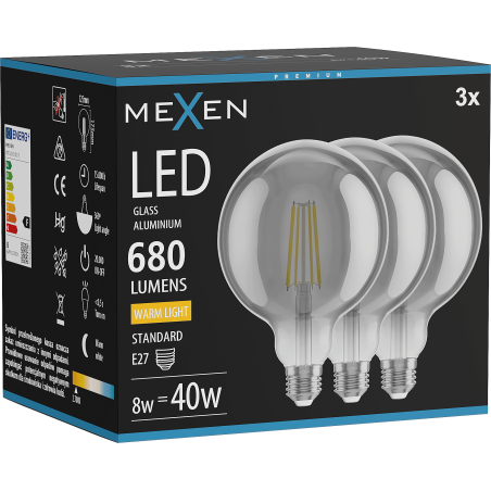 Mexen Vintis 3x Žiarovka filament LED E27, G125, 8W, Teplá - 2700K, 680 lm, smoke - L158-E27-0827-70x03