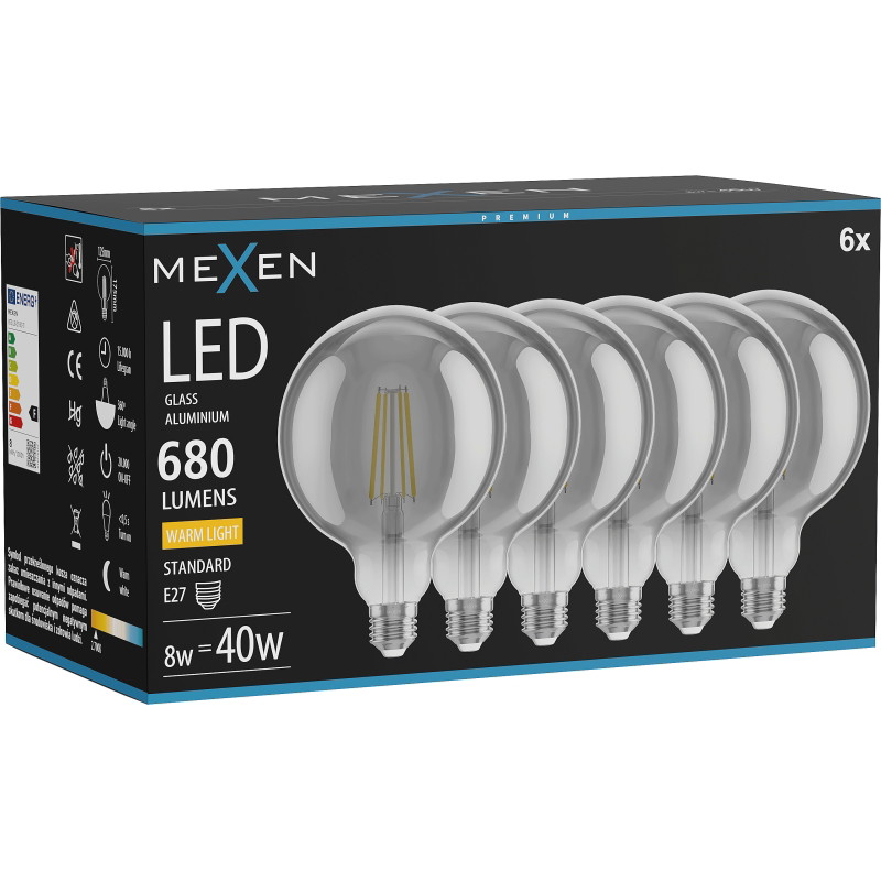 Mexen Vintis 6x Žiarovka filament LED E27, G125, 8W, Teplá - 2700K, 680 lm, smoke - L158-E27-0827-70x06