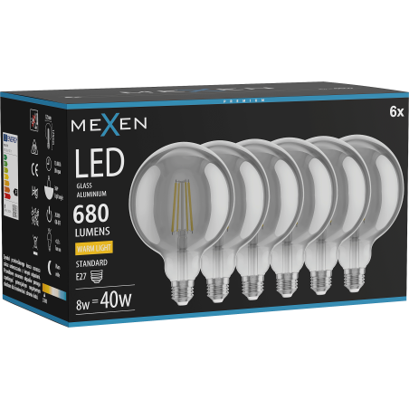 Mexen Vintis 6x Žiarovka filament LED E27, G125, 8W, Teplá - 2700K, 680 lm, smoke - L158-E27-0827-70x06