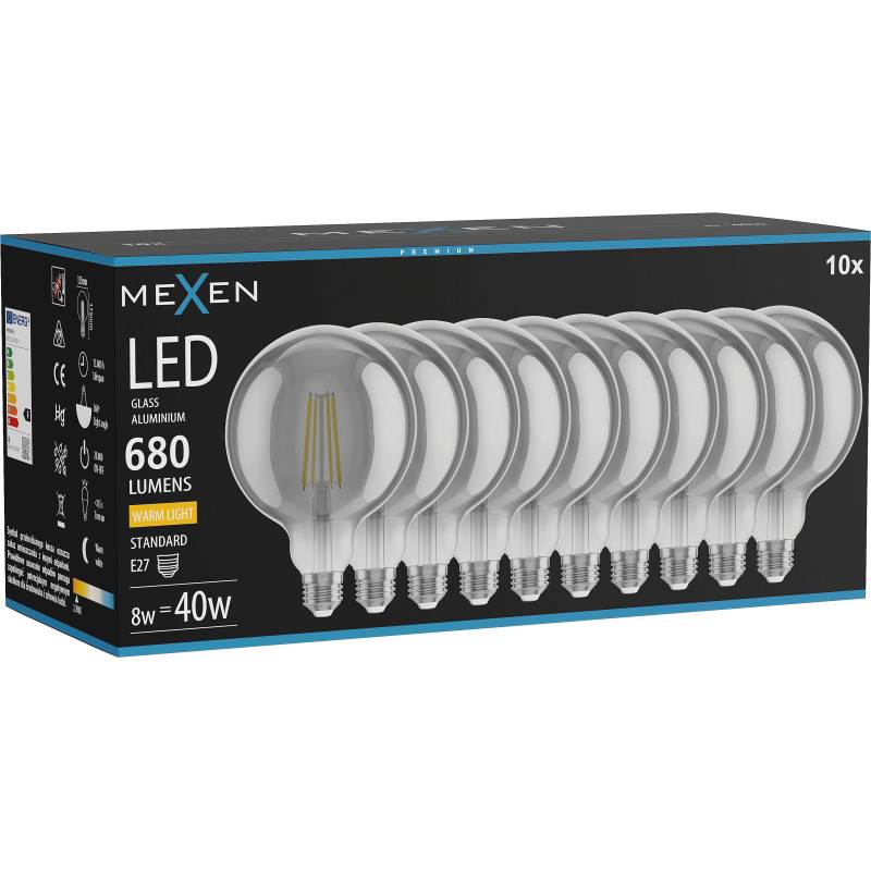 Mexen Vintis 10x žiarovka filament LED E27, G125, 8W, Teplá - 2700K, 680 lm, dymová - L158-E27-0827-70x10