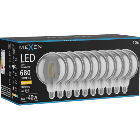 Mexen Vintis 10x žiarovka filament LED E27, G125, 8W, Teplá - 2700K, 680 lm, dymová - L158-E27-0827-70x10