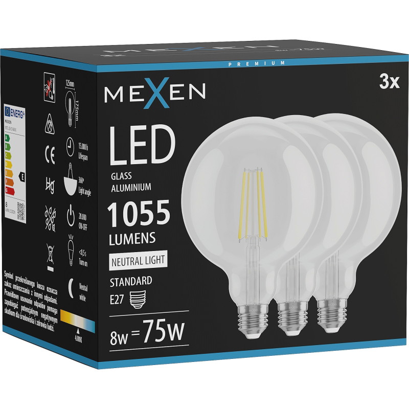 Mexen Vintis 3x žiarovka filament LED E27, G125, 8W, Neutrálna - 4000K, 1055 lm, číra - L158-E27-0840-00x03
