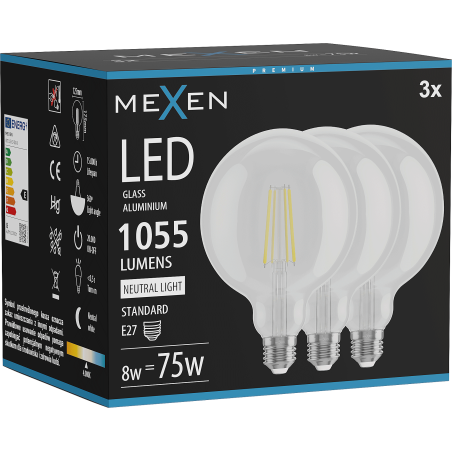 Mexen Vintis 3x žiarovka filament LED E27, G125, 8W, Neutrálna - 4000K, 1055 lm, číra - L158-E27-0840-00x03
