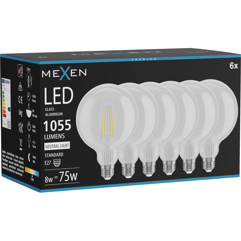 Mexen Vintis 6x Žiarovka filament LED E27, G125, 8W, Neutrálna - 4000K, 1055 lm, číra - L158-E27-0840-00x06