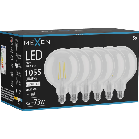 Mexen Vintis 6x Žiarovka filament LED E27, G125, 8W, Neutrálna - 4000K, 1055 lm, číra - L158-E27-0840-00x06