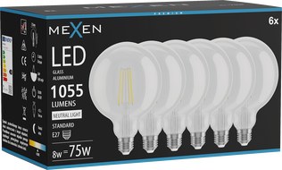 Mexen Vintis 6x Žiarovka filament LED E27, G125, 8W, Neutrálna - 4000K, 1055 lm, číra - L158-E27-0840-00x06