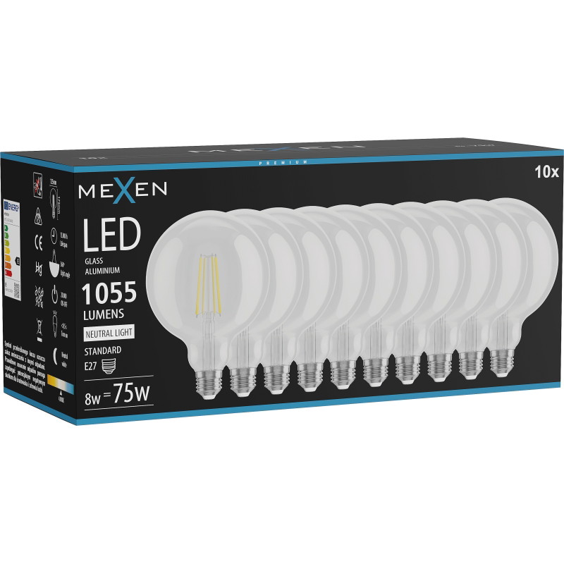 Mexen Vintis 10x žiarovka filament LED E27, G125, 8W, Neutrálna - 4000K, 1055 lm, číra - L158-E27-0840-00x10