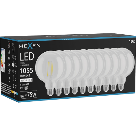 Mexen Vintis 10x žiarovka filament LED E27, G125, 8W, Neutrálna - 4000K, 1055 lm, číra - L158-E27-0840-00x10