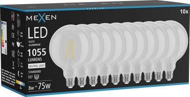 Mexen Vintis 10x žiarovka filament LED E27, G125, 8W, Neutrálna - 4000K, 1055 lm, číra - L158-E27-0840-00x10