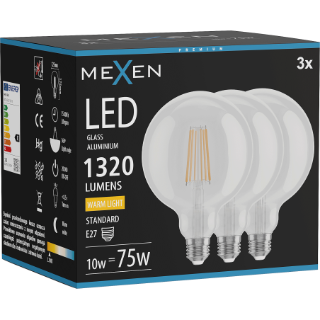 Mexen Vintis 3x LED vlákno žiarovka E27, G125, 10W, Teplá - 2700K, 1320 lm, číra - L158-E27-1027-00x03