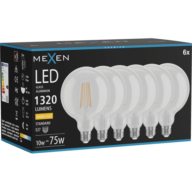 Mexen Vintis 6x LED žiarovka s vláknom E27, G125, 10W, Teplá - 2700K, 1320 lm, číra - L158-E27-1027-00x06