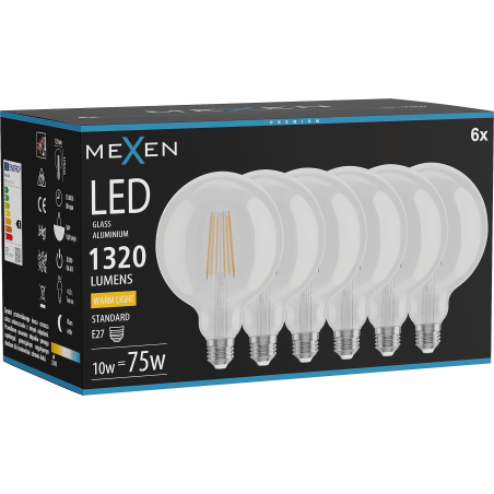 Mexen Vintis 6x LED žiarovka s vláknom E27, G125, 10W, Teplá - 2700K, 1320 lm, číra - L158-E27-1027-00x06