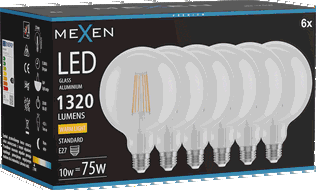 Mexen Vintis 6x LED žiarovka s vláknom E27, G125, 10W, Teplá - 2700K, 1320 lm, číra - L158-E27-1027-00x06