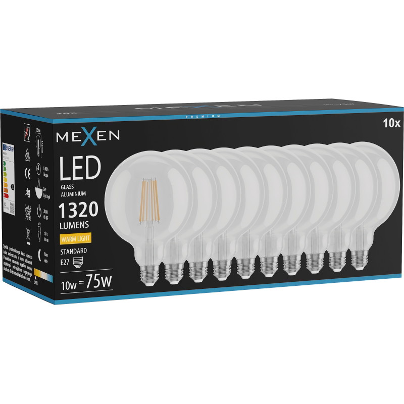 Mexen Vintis 10x LED filamentová žiarovka E27, G125, 10W, Teplá - 2700K, 1320 lm, číra - L158-E27-1027-00x10