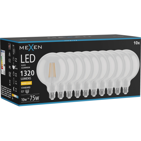 Mexen Vintis 10x LED filamentová žiarovka E27, G125, 10W, Teplá - 2700K, 1320 lm, číra - L158-E27-1027-00x10