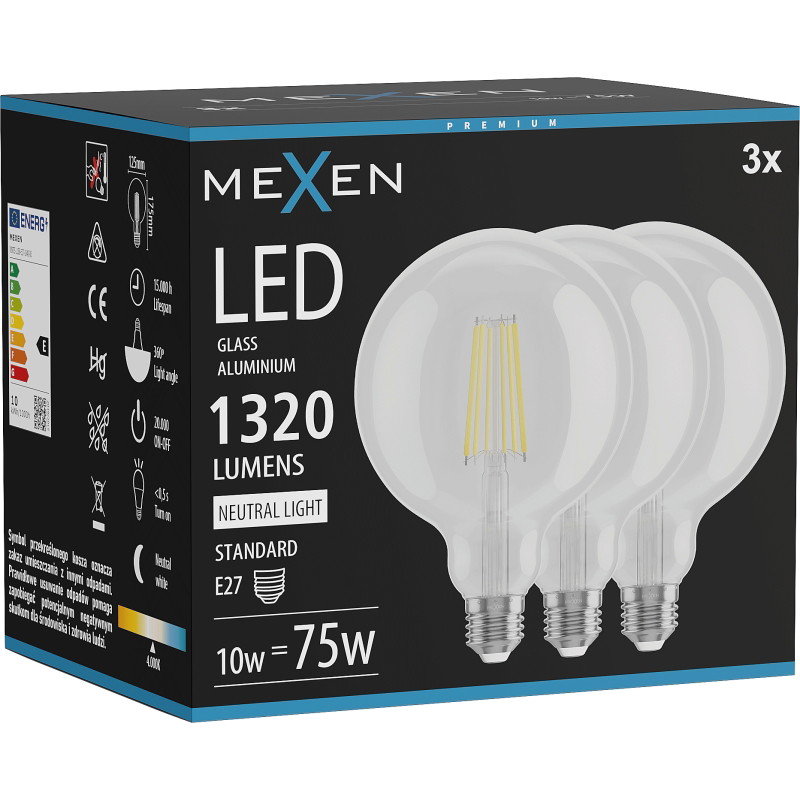 Mexen Vintis 3x žiarovka filament LED E27, G125, 10W, Neutrálna - 4000K, 1320 lm, číra - L158-E27-1040-00x03