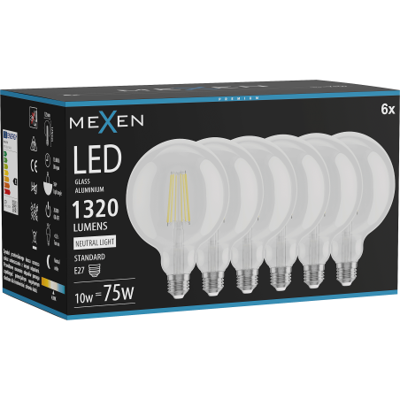 Mexen Vintis 6x žiarovka filament LED E27, G125, 10W, Neutrálna - 4000K, 1320 lm, číra - L158-E27-1040-00x06