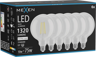 Mexen Vintis 6x žiarovka filament LED E27, G125, 10W, Neutrálna - 4000K, 1320 lm, číra - L158-E27-1040-00x06