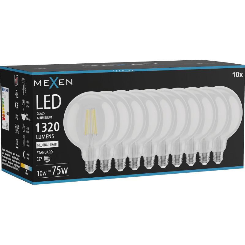 Mexen Vintis 10x Žiarovka filament LED E27, G125, 10W, Neutrálna - 4000K, 1320 lm, číra - L158-E27-1040-00x10
