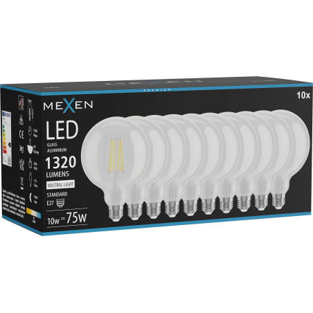 Mexen Vintis 10x Žiarovka filament LED E27, G125, 10W, Neutrálna - 4000K, 1320 lm, číra - L158-E27-1040-00x10