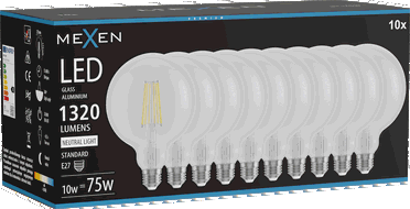 Mexen Vintis 10x Žiarovka filament LED E27, G125, 10W, Neutrálna - 4000K, 1320 lm, číra - L158-E27-1040-00x10